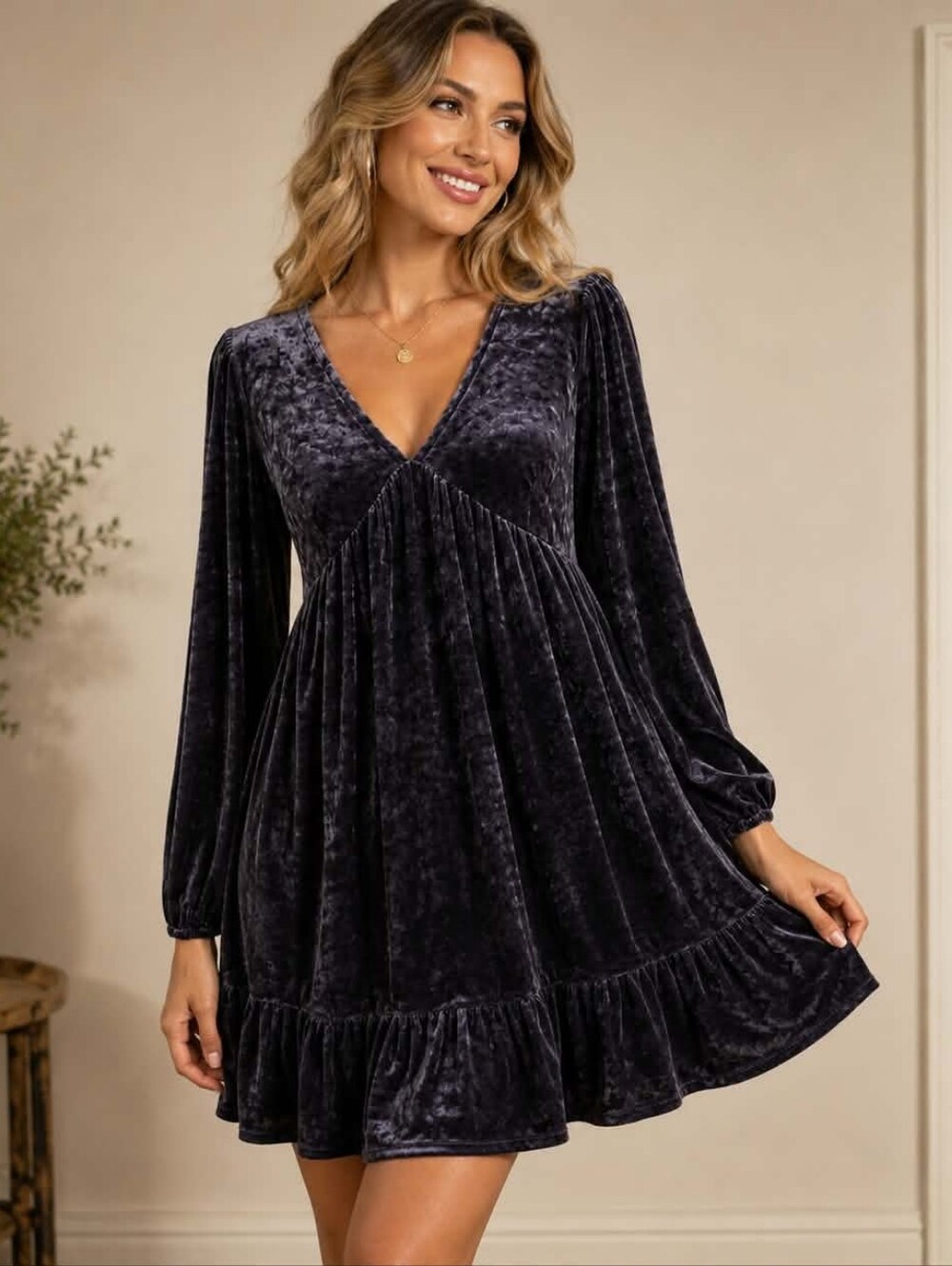 Velvet V-Neck Long Sleeve Dress in Deep Purple